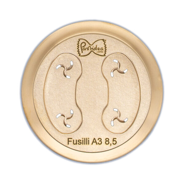 FAT56-065S Die for Fusilli A3 8,5mm bronze screen is compatible with the Pastidea Pasta Machine, La Fattorina, Fimar MPF1.5, Arcobaleno AEX-10 or GGMGastro NMF5. No adapter is needed.