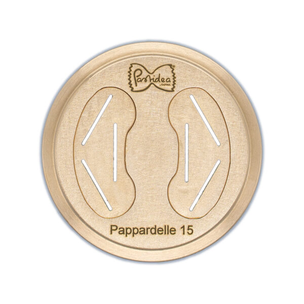 FAT56-148S Die for Pappardelle 15mm bronze screen is compatible with the Pastidea Pasta Machine, La Fattorina, Fimar MPF1.5, Arcobaleno AEX-10 or GGMGastro NMF5. No adapter is needed.