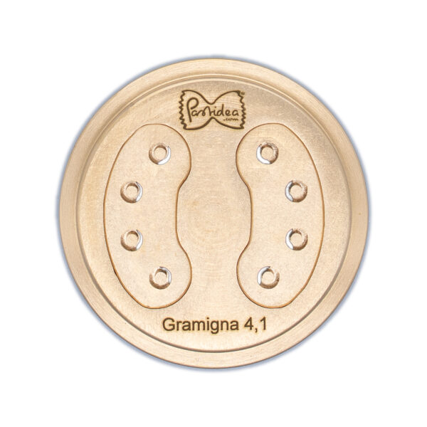 FAT56-069S Die for Gramigna 4,1mm bronze screen is compatible with the Pastidea Pasta Machine, La Fattorina, Fimar MPF1.5, Arcobaleno AEX-10 or GGMGastro NMF5. No adapter is needed.